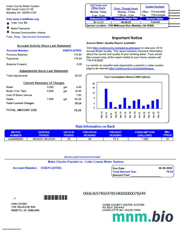 Szablon rachunku za media w systemie wodnym Hrabstwa Cobb w formatach Word i PDF